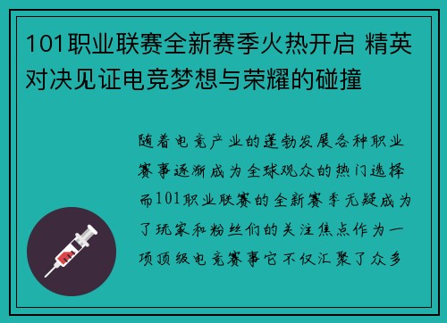 101职业联赛全新赛季火热开启 精英对决见证电竞梦想与荣耀的碰撞