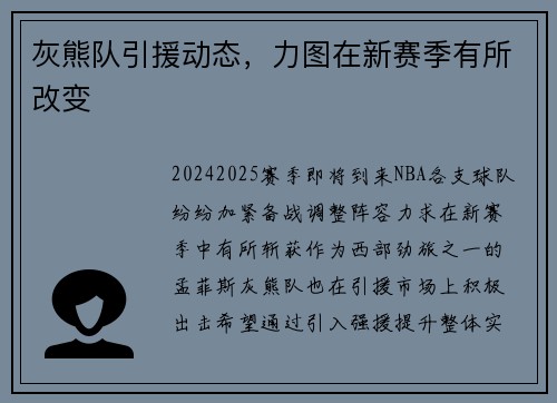 灰熊队引援动态，力图在新赛季有所改变