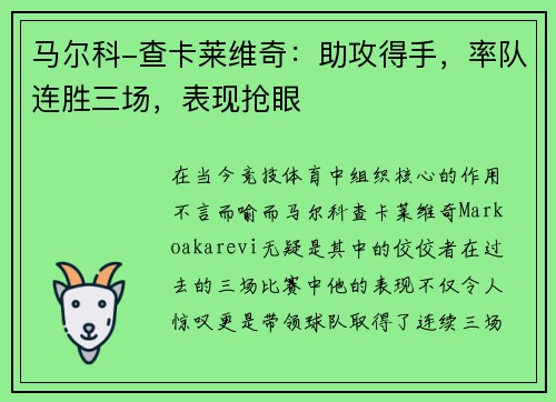马尔科-查卡莱维奇：助攻得手，率队连胜三场，表现抢眼